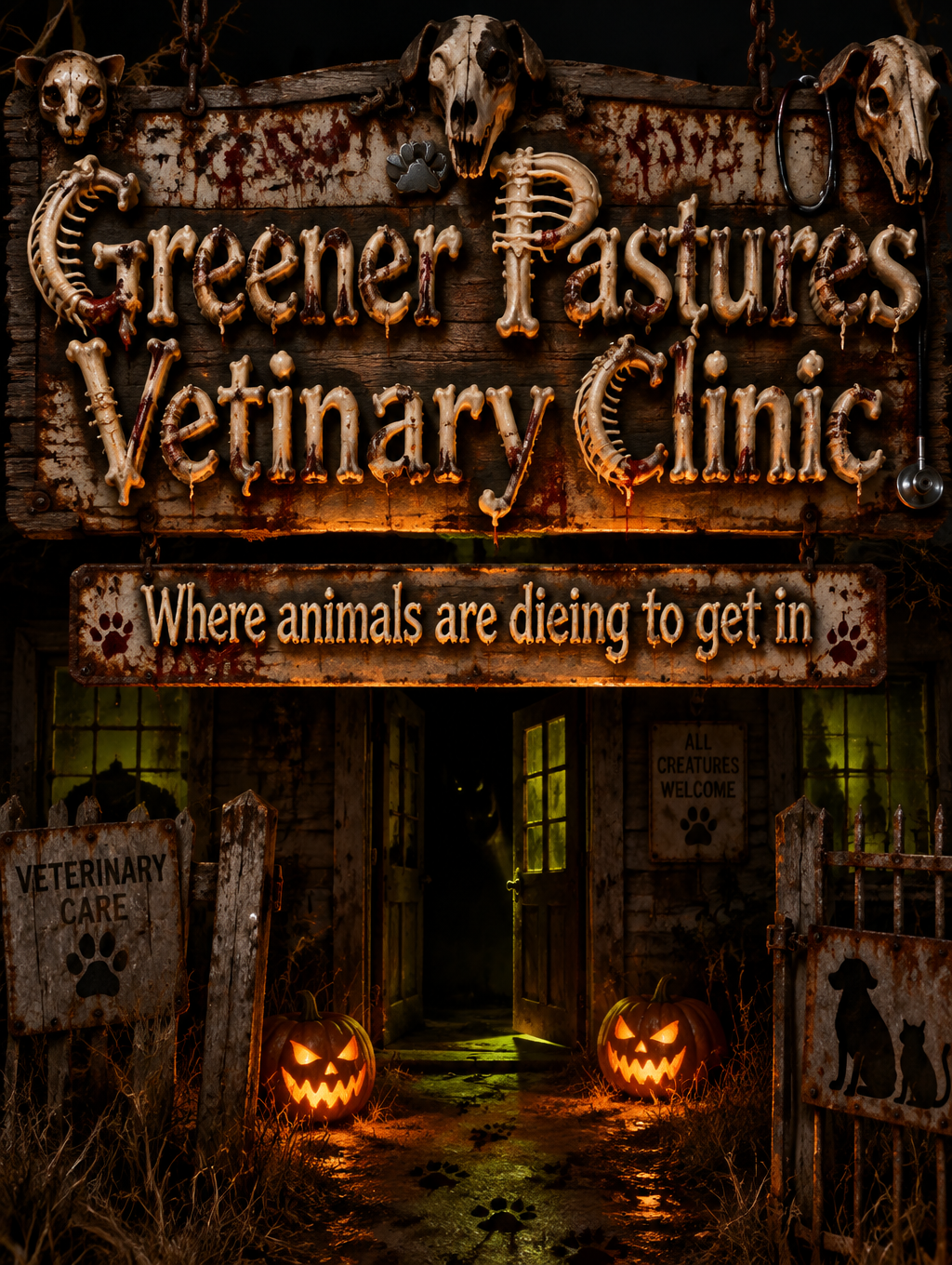 "Greener Pastures Vetinary Clinic
Where animals are dieing to get in" — Horror text effect
