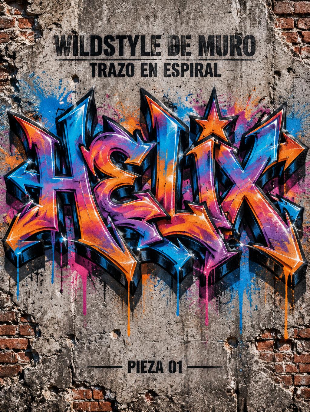 "HELIX
TRAZO EN ESPIRAL
WILDSTYLE DE MURO
PIEZA 01" — Graffiti text effect