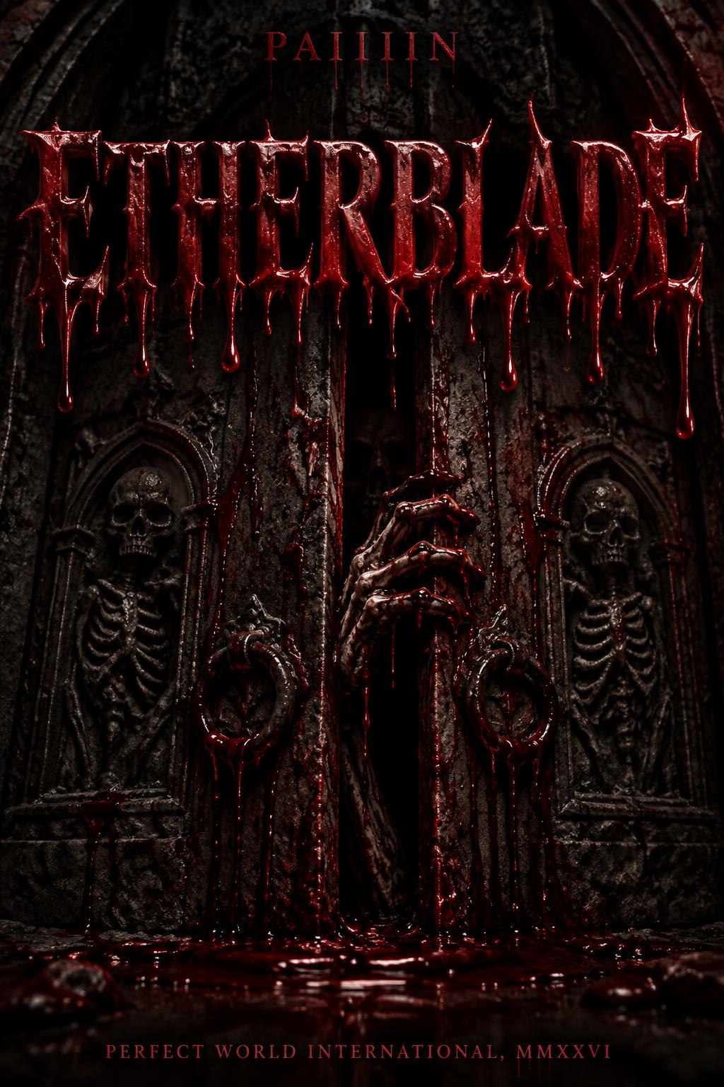 "PAIIIIIN
ETHERBLADE
PERFECT WORLD INTERNATIONAL, MMXXVI" — Drip Font Blood | AI Text Effect Generator