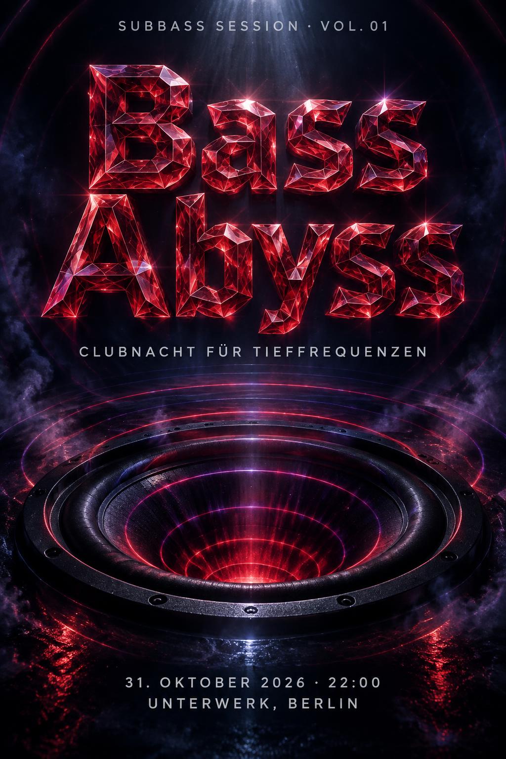 "Bass Abyss
SUBBASS SESSION · VOL. 01
CLUBNACHT FÜR TIEFFREQUENZEN
31. OKTOBER 2026 · 22:00
UNTERWERK, BERLIN" — Glass Crystal | AI Text Effect Generator
