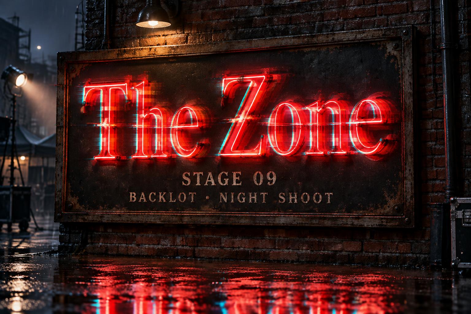 "The Zone
STAGE 09
BACKLOT • NIGHT SHOOT" — Cyberpunk Electric Neon text effect