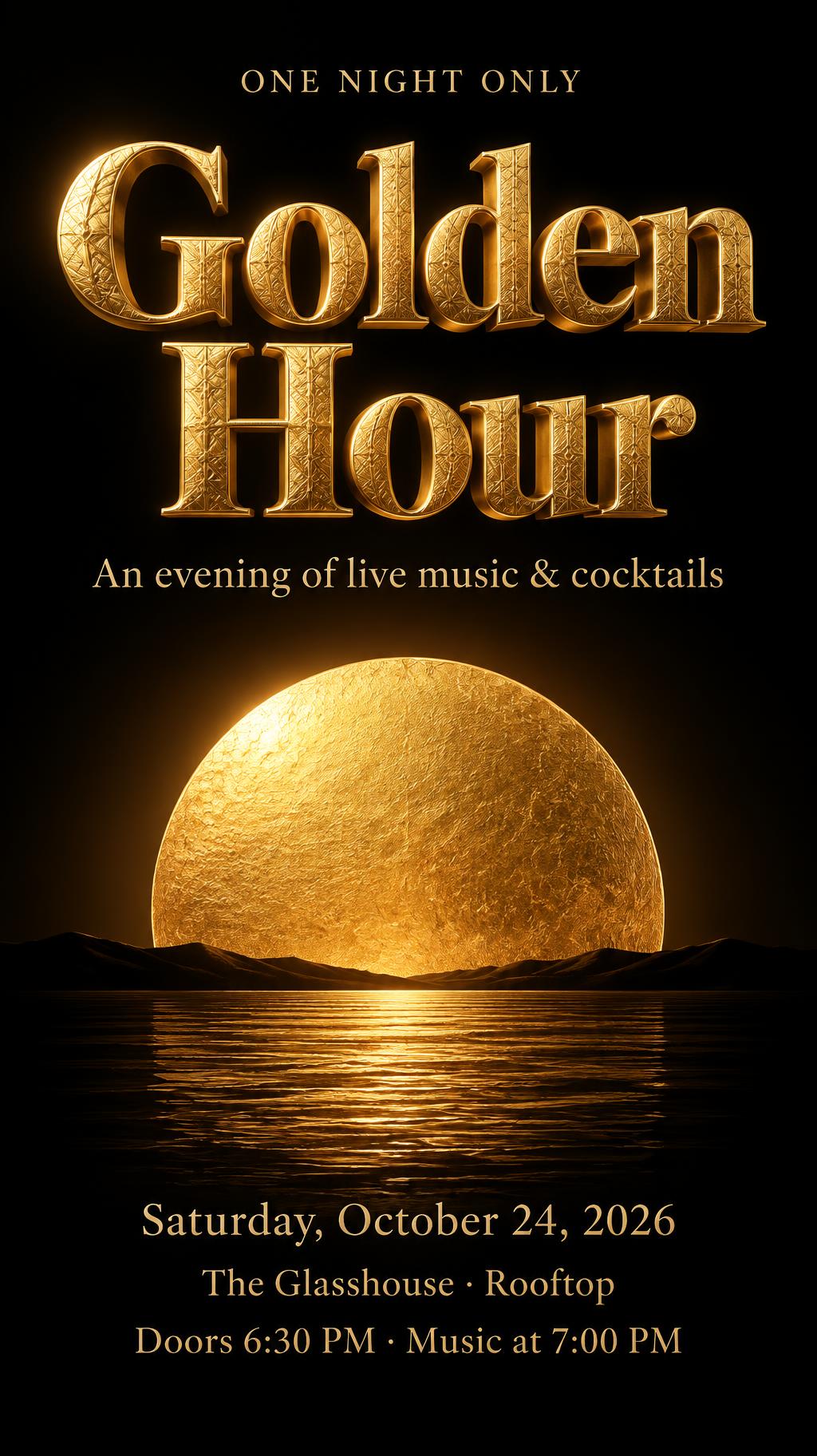 "Golden Hour
An evening of live music & cocktails
Saturday, October 24, 2026
The Glasshouse · Rooftop
Doors 6:30 PM · Music at 7:00 PM
ONE NIGHT ONLY" — 3d bold gold text effect