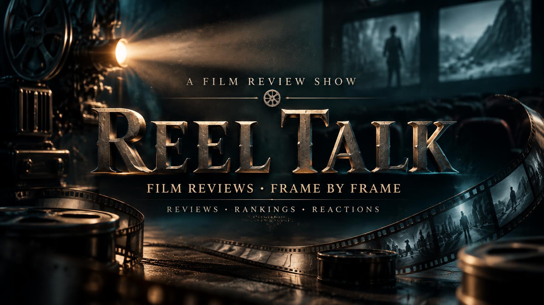 "REEL TALK
A FILM REVIEW SHOW
FILM REVIEWS • FRAME BY FRAME
REVIEWS • RANKINGS • REACTIONS" — cinematic text effect
