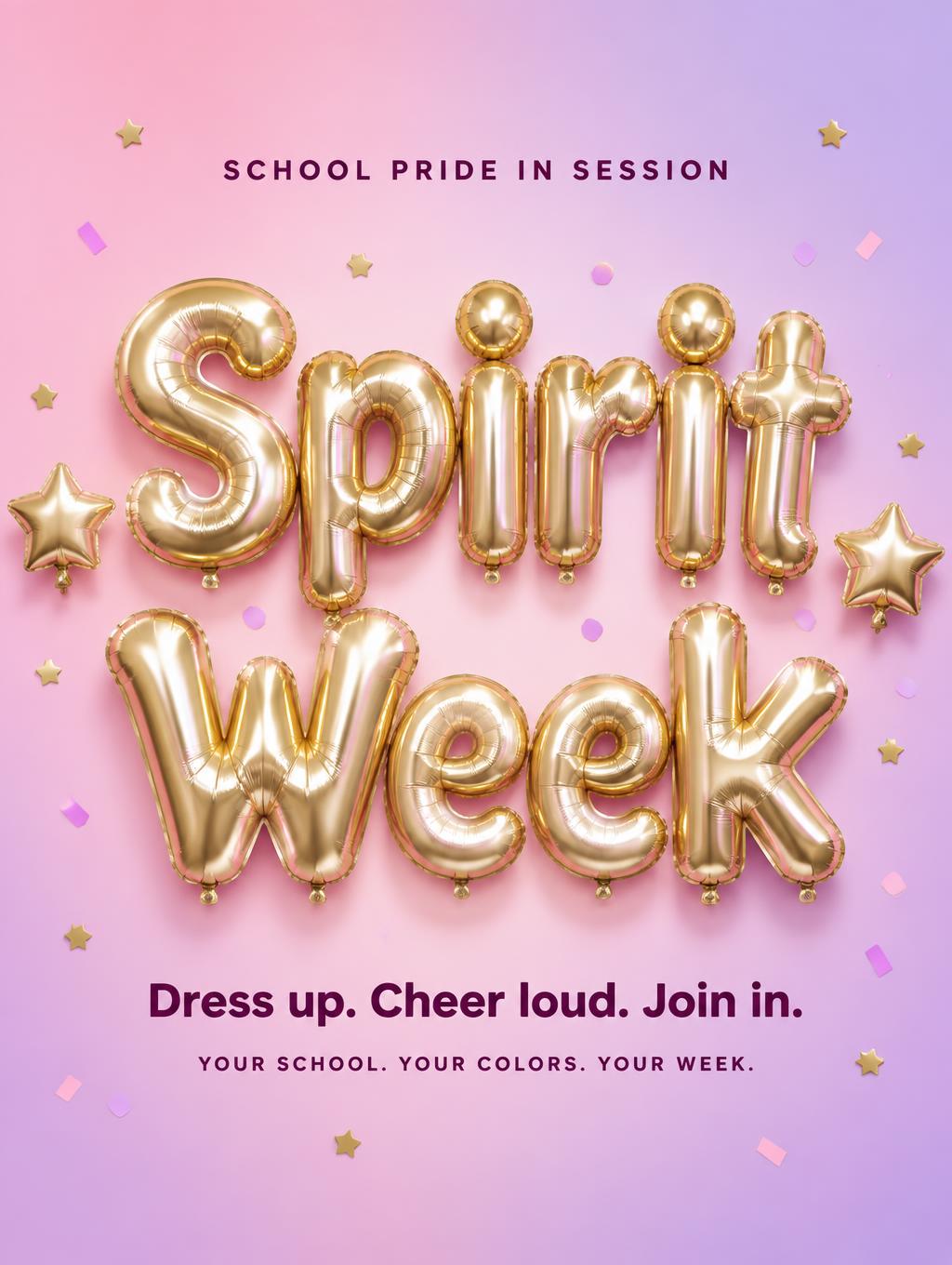"Spirit Week
Dress up. Cheer loud. Join in.
YOUR SCHOOL. YOUR COLORS. YOUR WEEK.
SCHOOL PRIDE IN SESSION" — Y2k Bubbly text effect