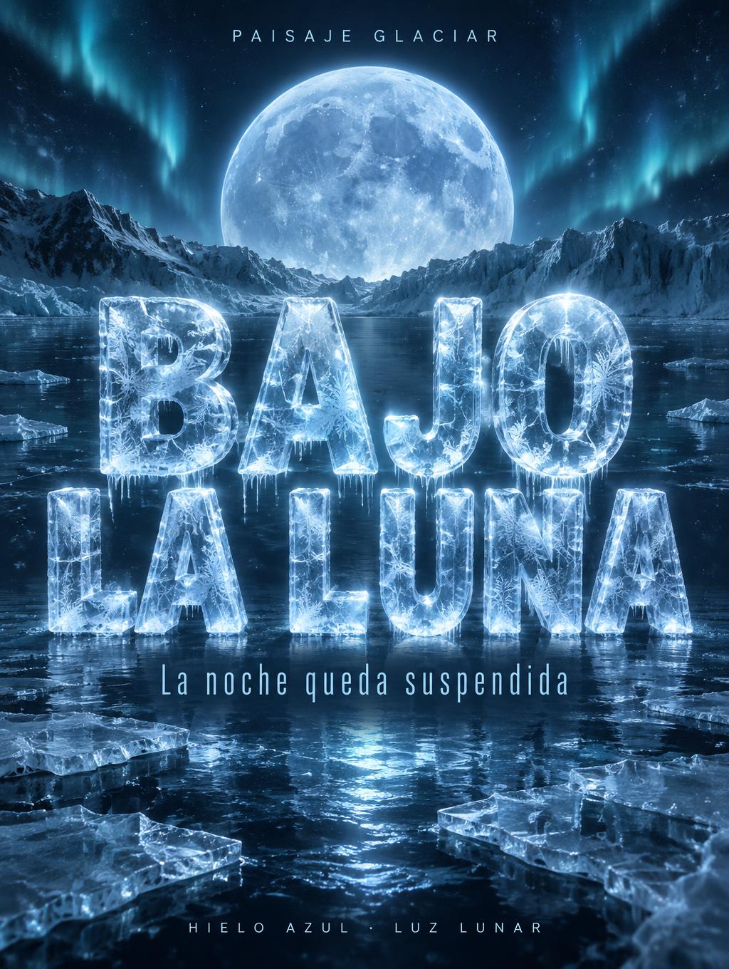 "BAJO LA LUNA
PAISAJE GLACIAR
La noche queda suspendida
HIELO AZUL · LUZ LUNAR" — Glass Frozen | AI Text Effect Generator