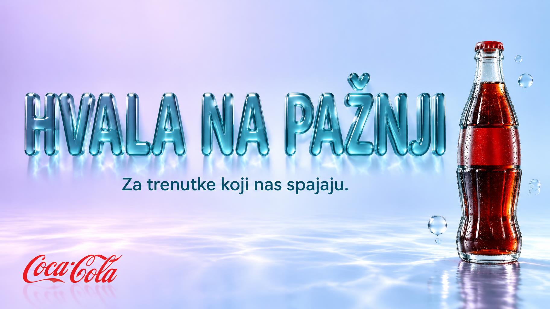 "HVALA NA PAŽNJI
Za trenutke koji nas spajaju.
COCA-COLA" — Glass Liquid | AI Text Effect Generator