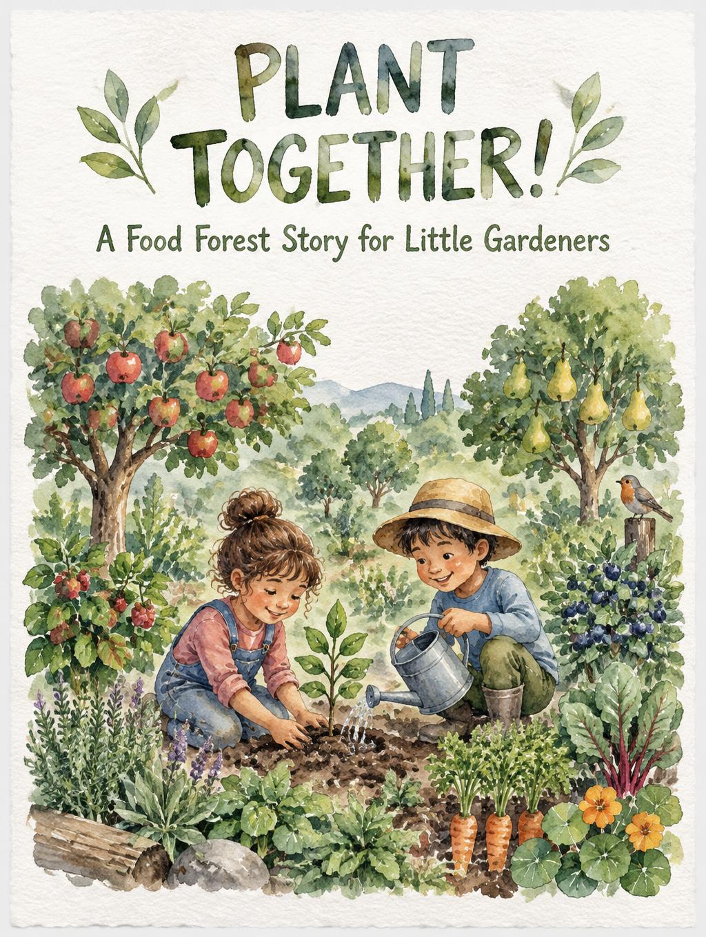 "PLANT TOGETHER!
A Food Forest Story for Little Gardeners" — Watercolor text effect