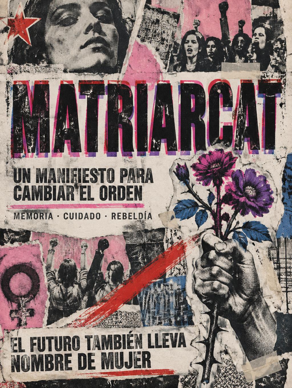 "MATRIARCAT
UN MANIFIESTO PARA CAMBIAR EL ORDEN
MEMORIA · CUIDADO · REBELDÍA
EL FUTURO TAMBIÉN LLEVA NOMBRE DE MUJER" — Grunge text effect