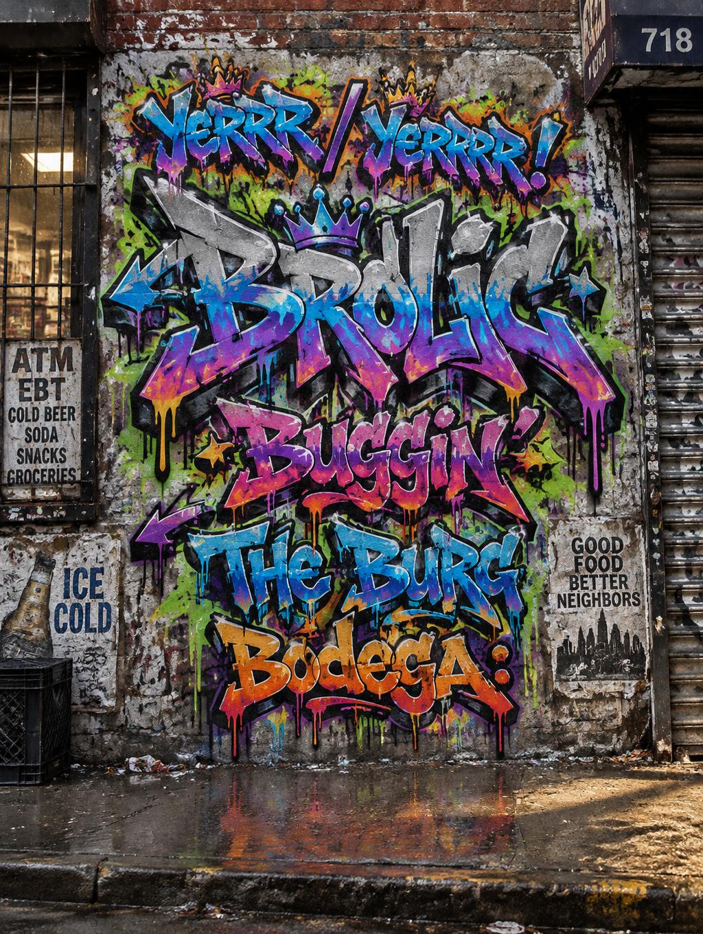 "Yerrr / Yerrrr!
Brolic
Buggin'
The Burg

Bodega:" — Graffiti | AI Text Effect Generator