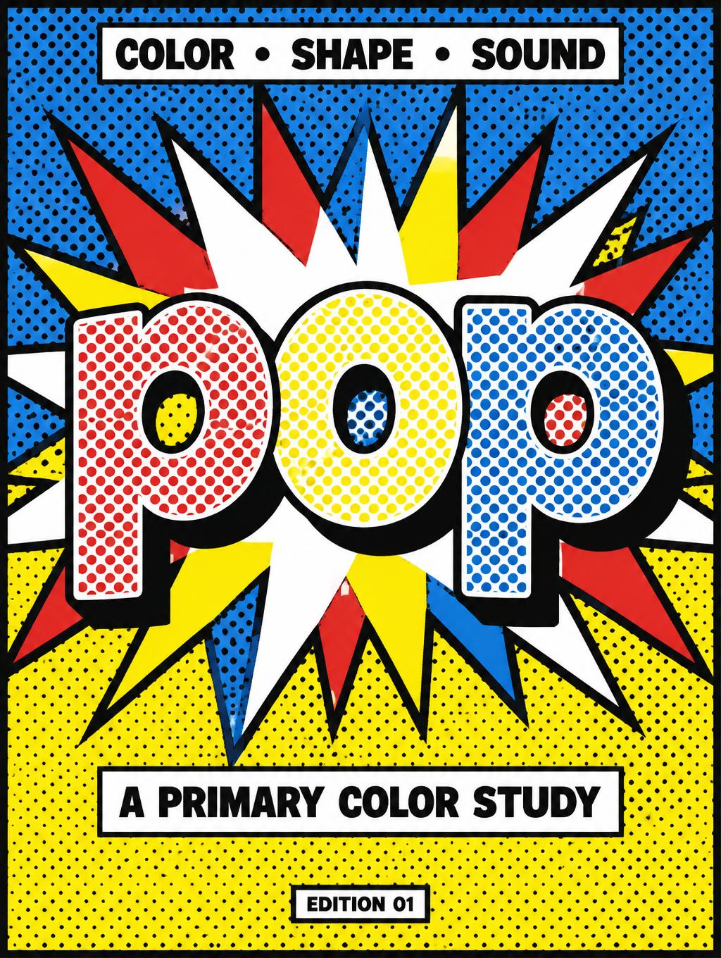 "pop
COLOR • SHAPE • SOUND
A PRIMARY COLOR STUDY
EDITION 01" — Pop Art | AI Text Effect Generator