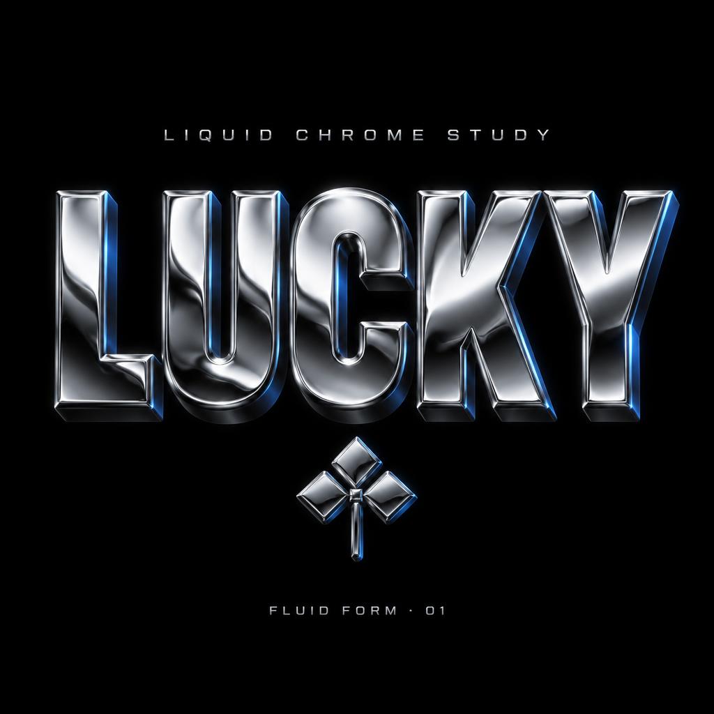 "LUCKY
LIQUID CHROME STUDY
FLUID FORM · 01" — Chrome Metal 3d | AI Text Effect Generator