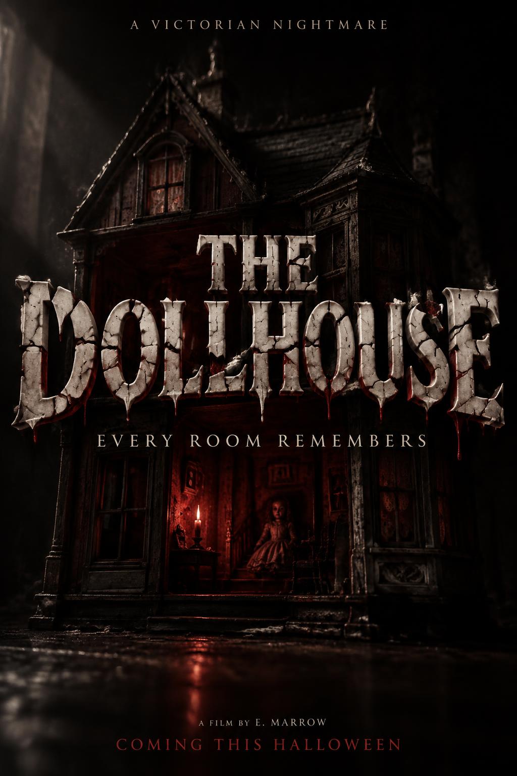 "THE DOLLHOUSE
A VICTORIAN NIGHTMARE
EVERY ROOM REMEMBERS
A FILM BY E. MARROW
COMING THIS HALLOWEEN" — Cinematic Horror | AI Text Effect Generator