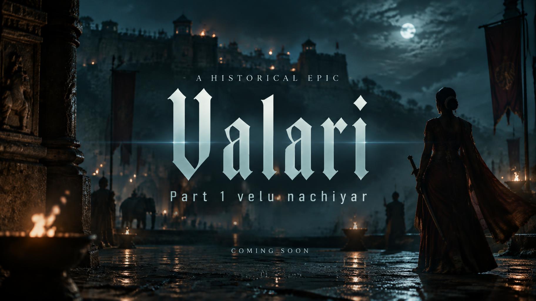 "Valari
Part 1 velu nachiyar
A HISTORICAL EPIC
COMING SOON" — Cinematic Netflix | AI Text Effect Generator