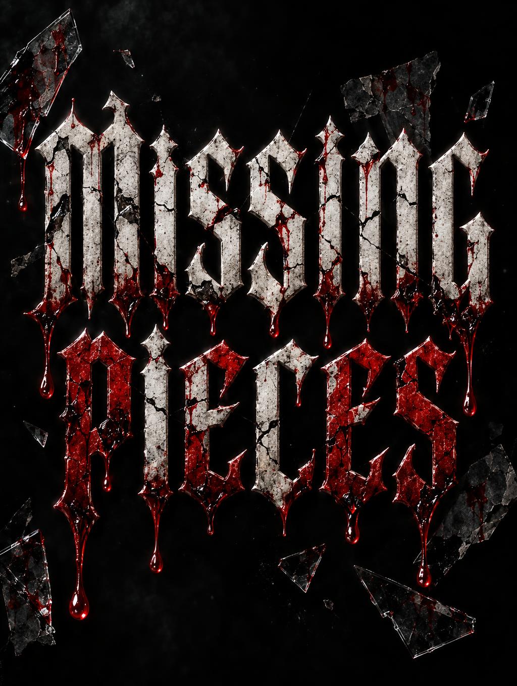 "Create a custom book title graphic reading “MISSING PIECES” for a dark psychological thriller. Use bold, distressed, cracked typography. Make “MISSING” weathered white and “PIECES” a mix of deep crimson red and white. Add several sharp, irregular dar" — Drip Font Blood | AI Text Effect Generator