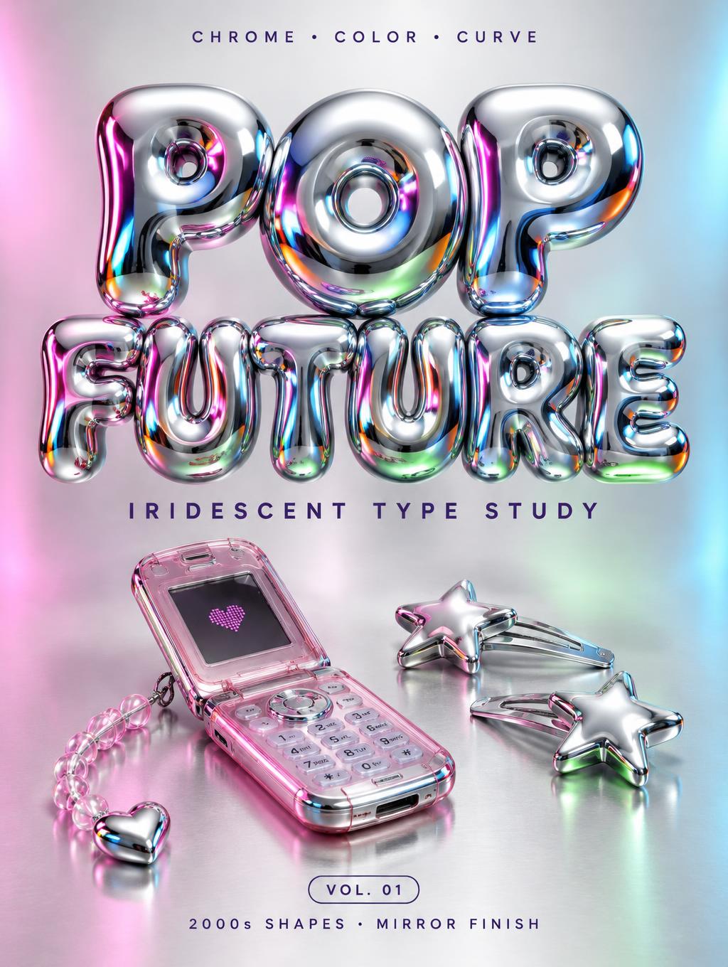 "POP FUTURE
CHROME • COLOR • CURVE
IRIDESCENT TYPE STUDY
VOL. 01
2000s SHAPES · MIRROR FINISH" — Y2k Chrome | AI Text Effect Generator