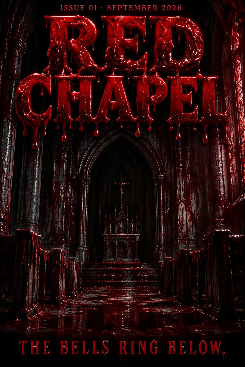 "RED CHAPEL
THE BELLS RING BELOW.
ISSUE 01 · SEPTEMBER 2026" — Drip Font Blood | AI Text Effect Generator