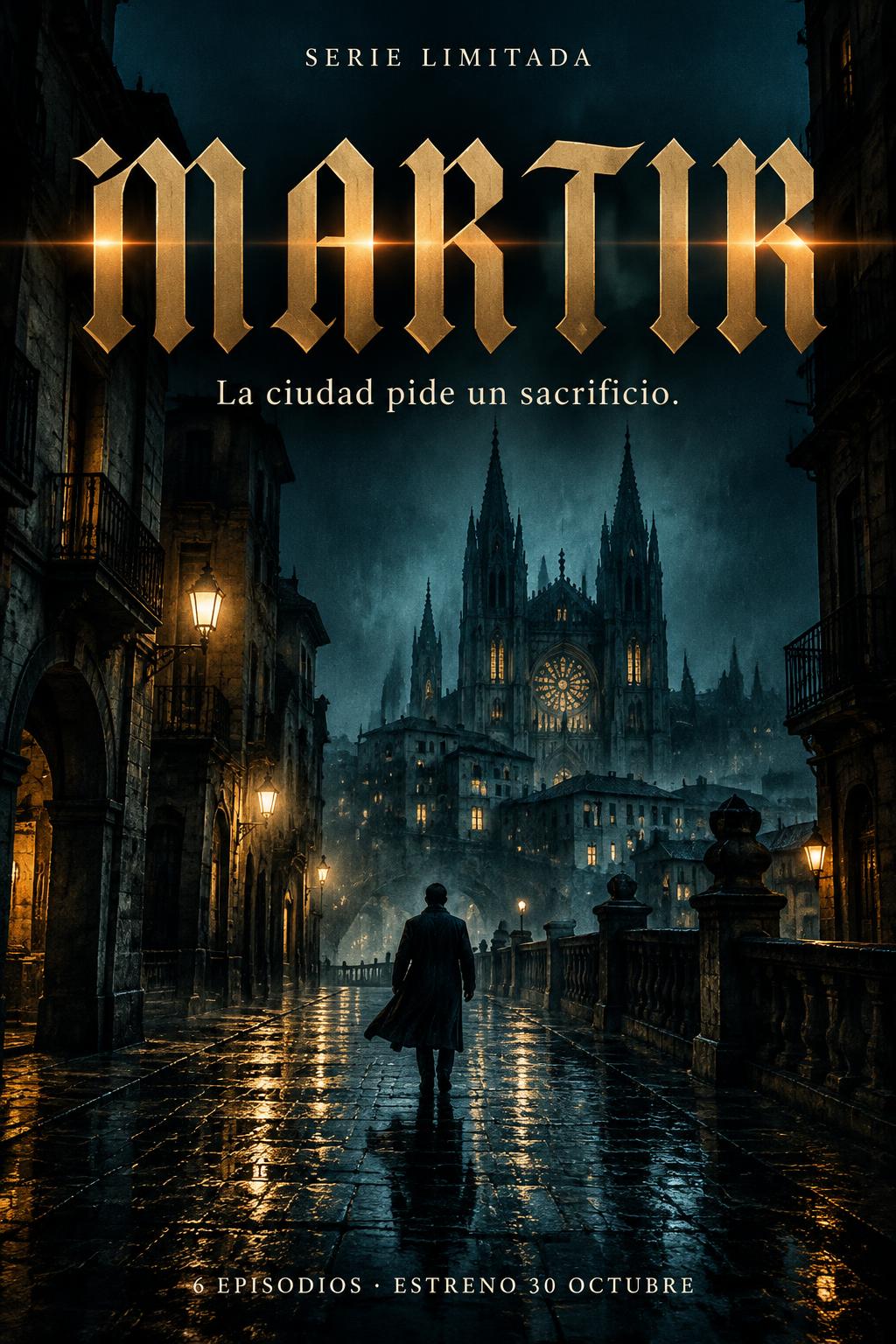 "MARTIR
SERIE LIMITADA
La ciudad pide un sacrificio.
6 EPISODIOS · ESTRENO 30 OCTUBRE" — Cinematic Netflix | AI Text Effect Generator