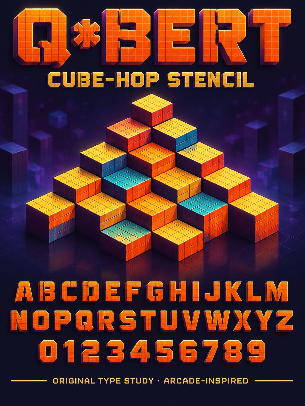 "Q*BERT
CUBE-HOP STENCIL
ABCDEFGHIJKLMNOPQRSTUVWXYZ
0123456789
ORIGINAL TYPE STUDY · ARCADE-INSPIRED" — Pixel Cube Arcade | AI Text Effect Generator
