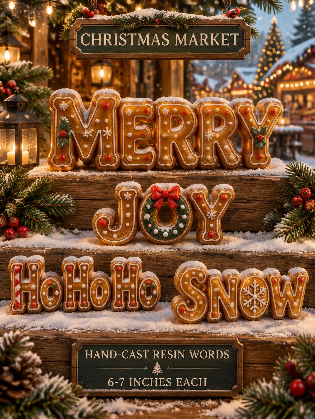 "MERRY
JOY
Ho Ho Ho
SNOW
CHRISTMAS MARKET
HAND-CAST RESIN WORDS
6–7 INCHES EACH" — Christmas text effect