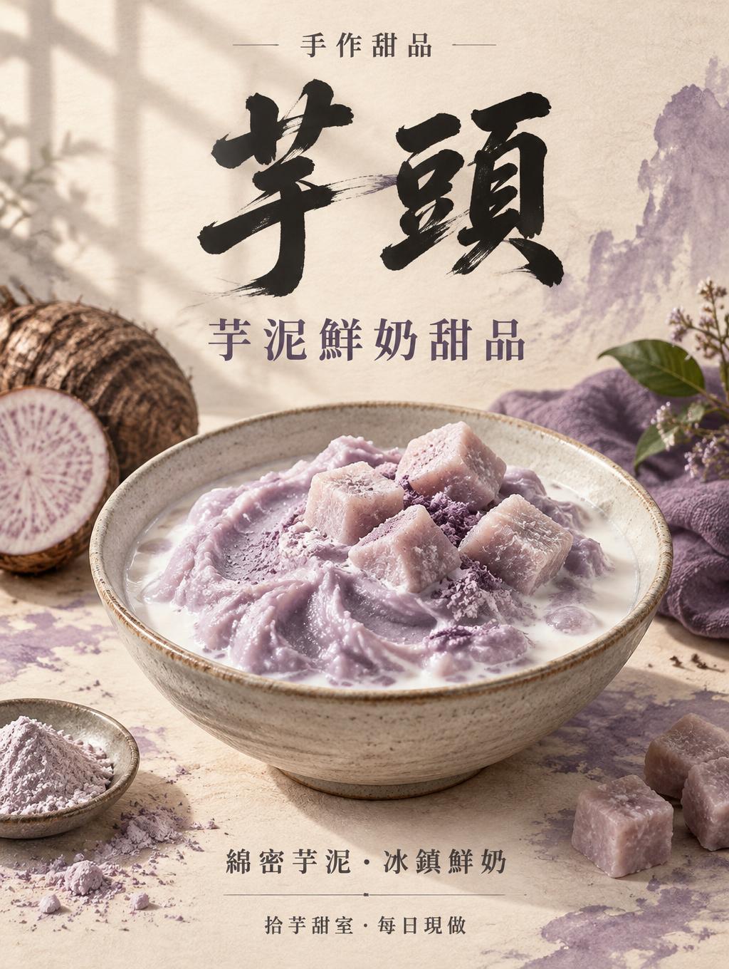 "芋頭
手作甜品
芋泥鮮奶甜品
綿密芋泥・冰鎮鮮奶
拾芋甜室 · 每日現做" — 芋泥紙本靜物 | AI Text Effect Generator