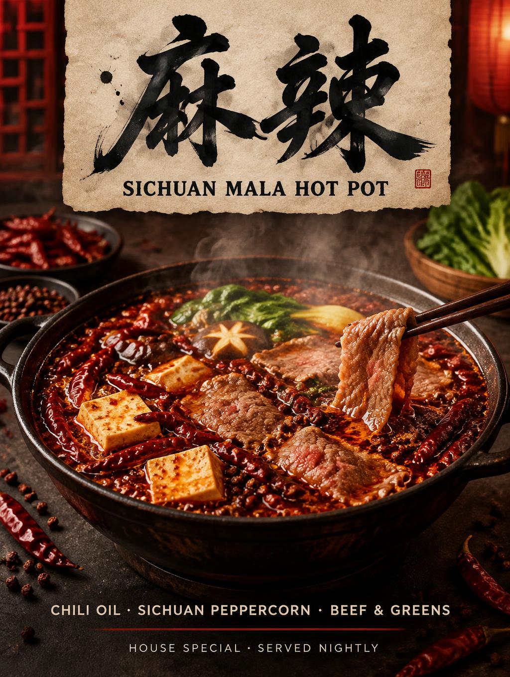"麻辣
SICHUAN MALA HOT POT
CHILI OIL · SICHUAN PEPPERCORN · BEEF & GREENS
HOUSE SPECIAL · SERVED NIGHTLY" — Chili Oil Tabletop | AI Text Effect Generator